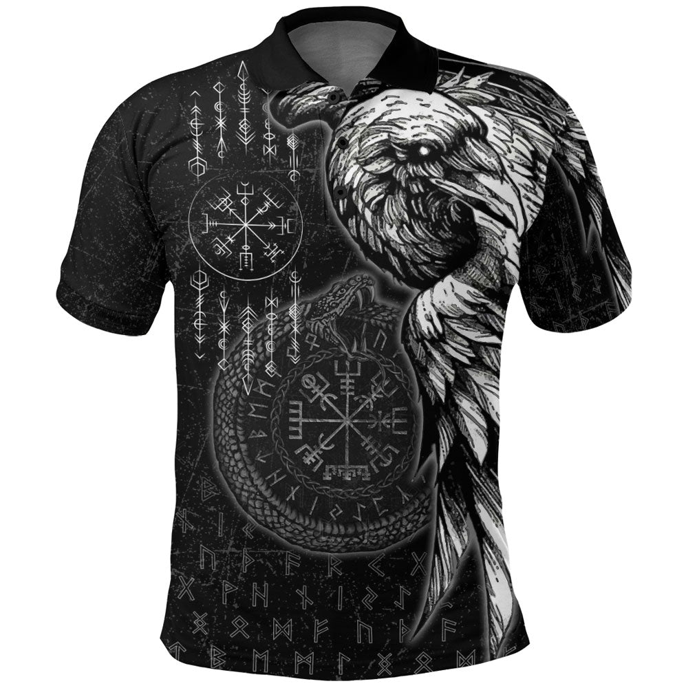 Viking Polo Shirt Raven and Ouroboros Brush Style