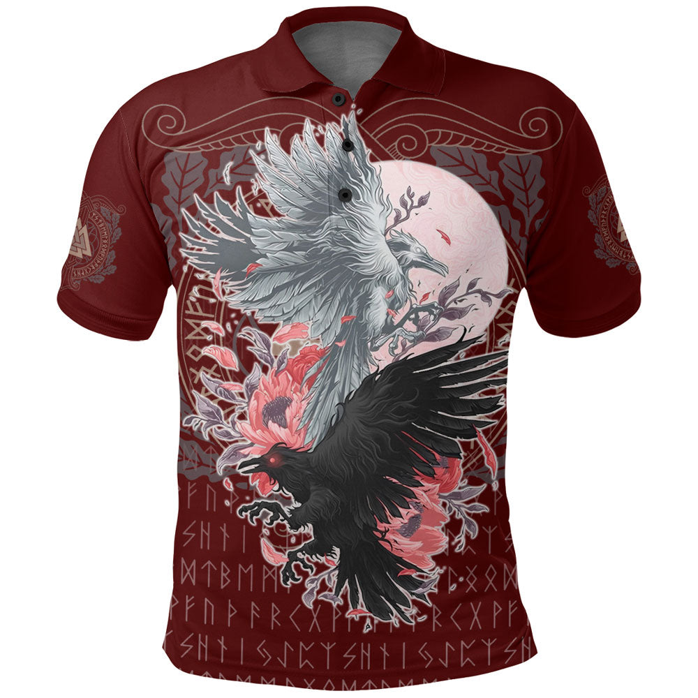 Viking Polo Shirt Raven Black and White Red Yggdrasil