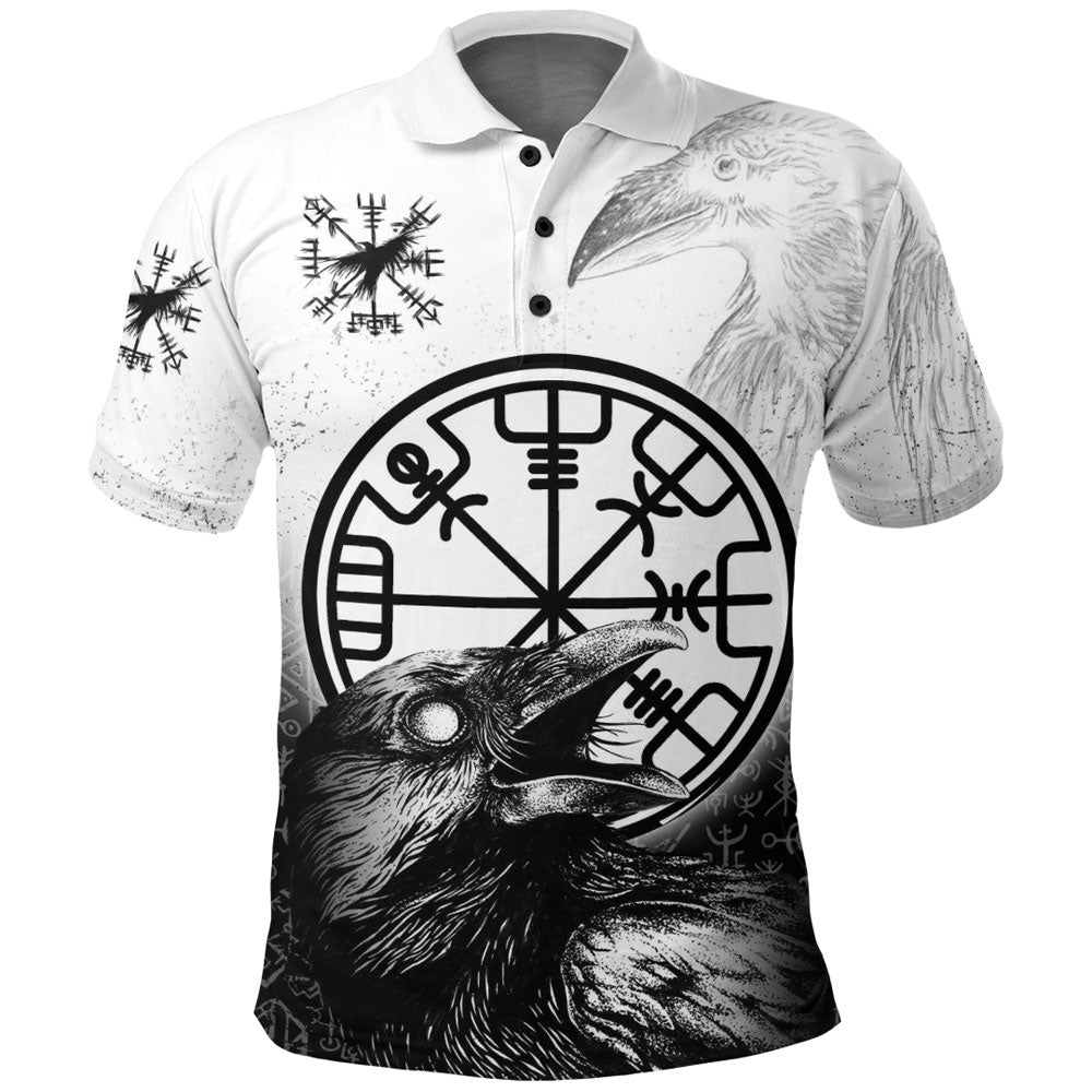 Viking Polo Shirt Viking Raven Black and White Vegvisir