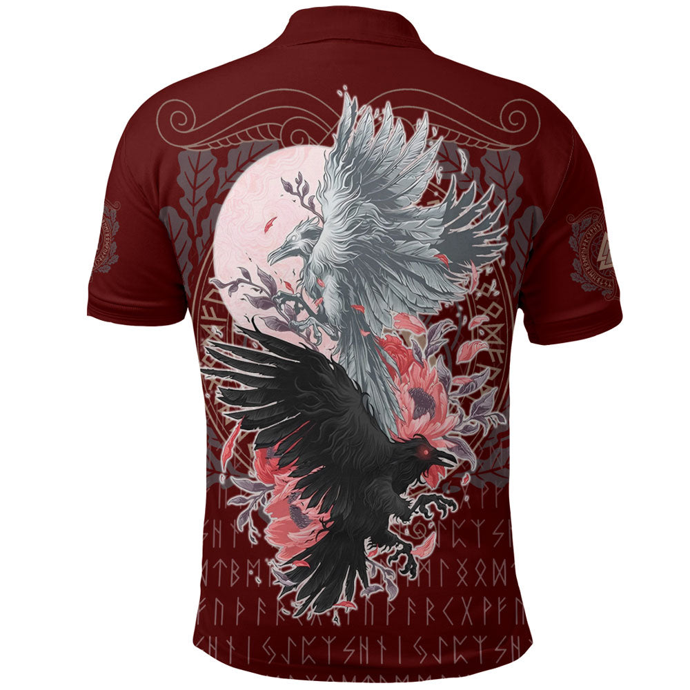 Viking Polo Shirt Raven Black and White Red Yggdrasil