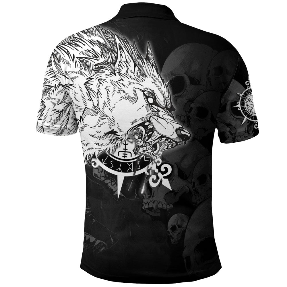 Viking Polo Shirt Fenrir Wolf Skull and Sun Vegvisir