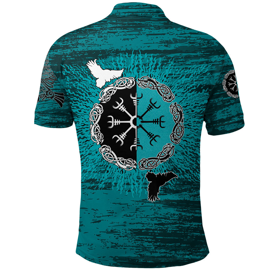 Viking Polo Shirt Raven of Odin and Symbol Cyan