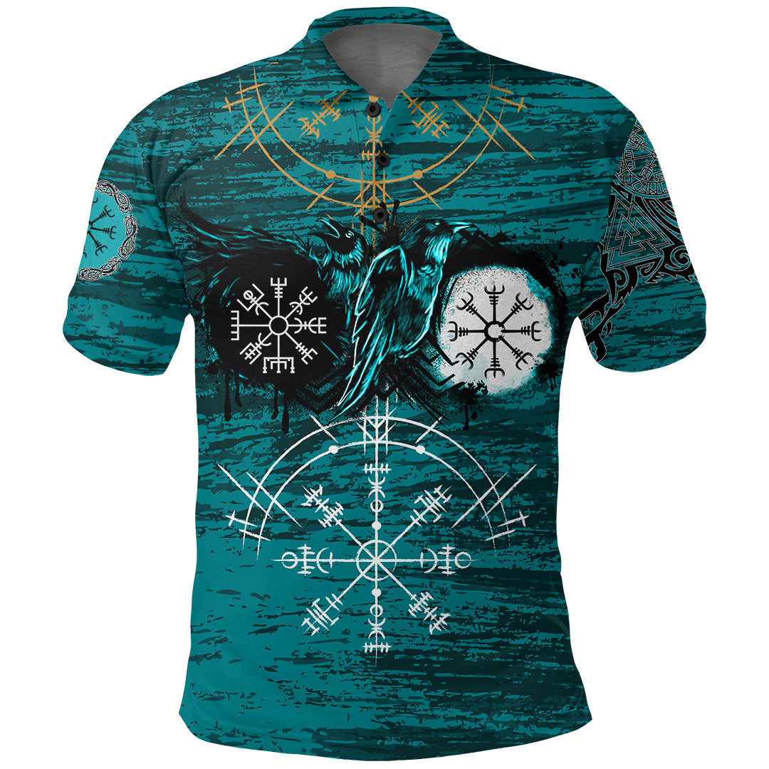 Viking Polo Shirt Raven of Odin and Symbol Cyan