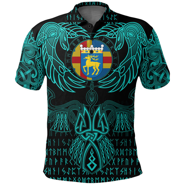 Viking Polo Shirt Aaland Island Valknut of Odin Cyan