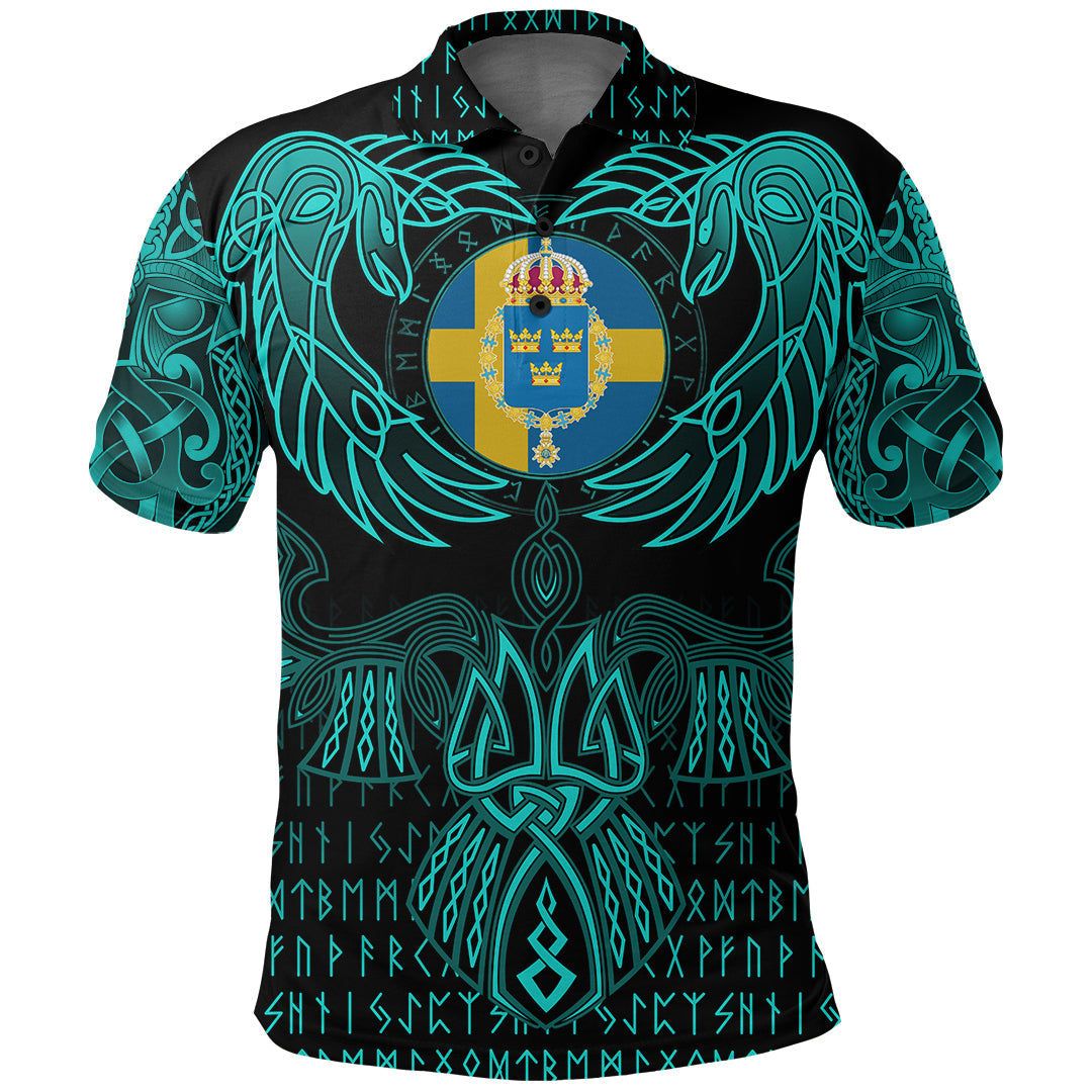 Viking Polo Shirt Sweden Valknut of Odin Cyan