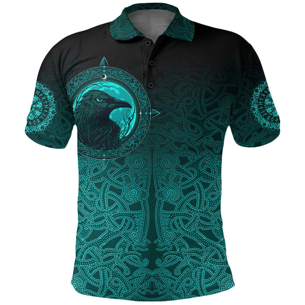 Viking Polo Shirt Ethnic Odin Raven Cyan