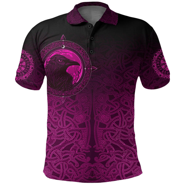 Viking Polo Shirt Ethnic Odin Raven Pink