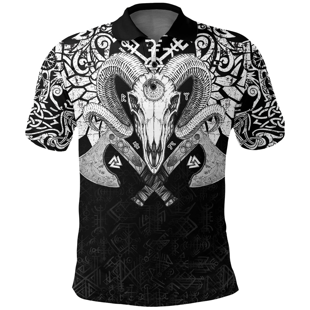 Viking Polo Shirt Ram Skull Tattoo With Vegvisir and Valknut