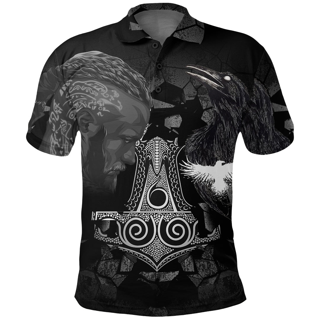 Viking Polo Shirt Ragnar and Raven Style Mjolnir