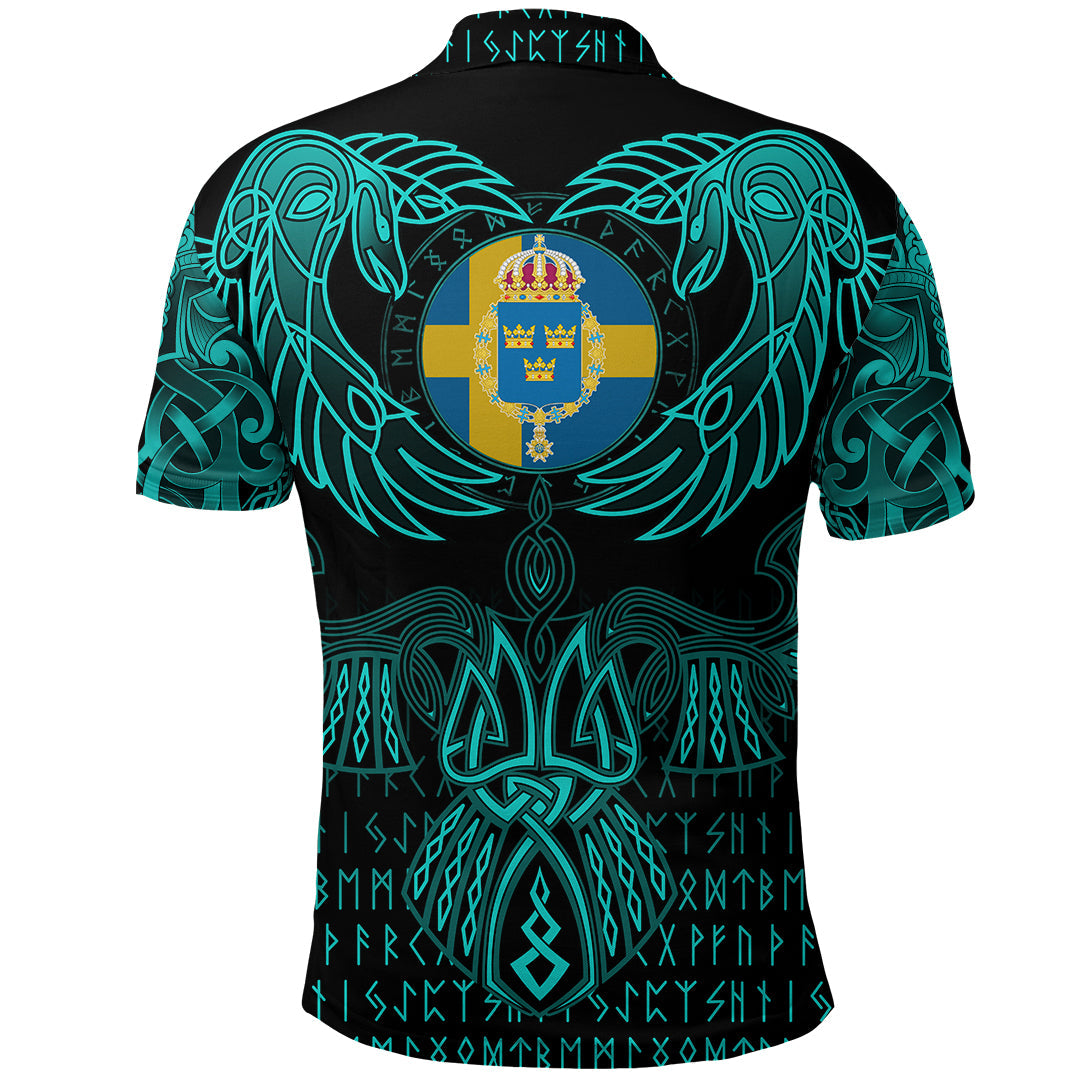 Viking Polo Shirt Sweden Valknut of Odin Cyan