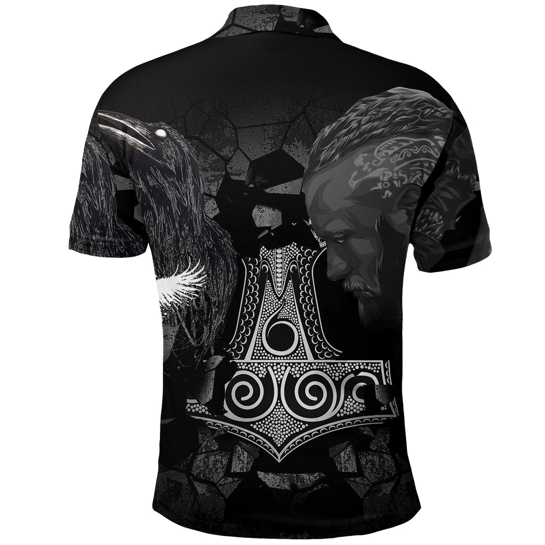 Viking Polo Shirt Ragnar and Raven Style Mjolnir