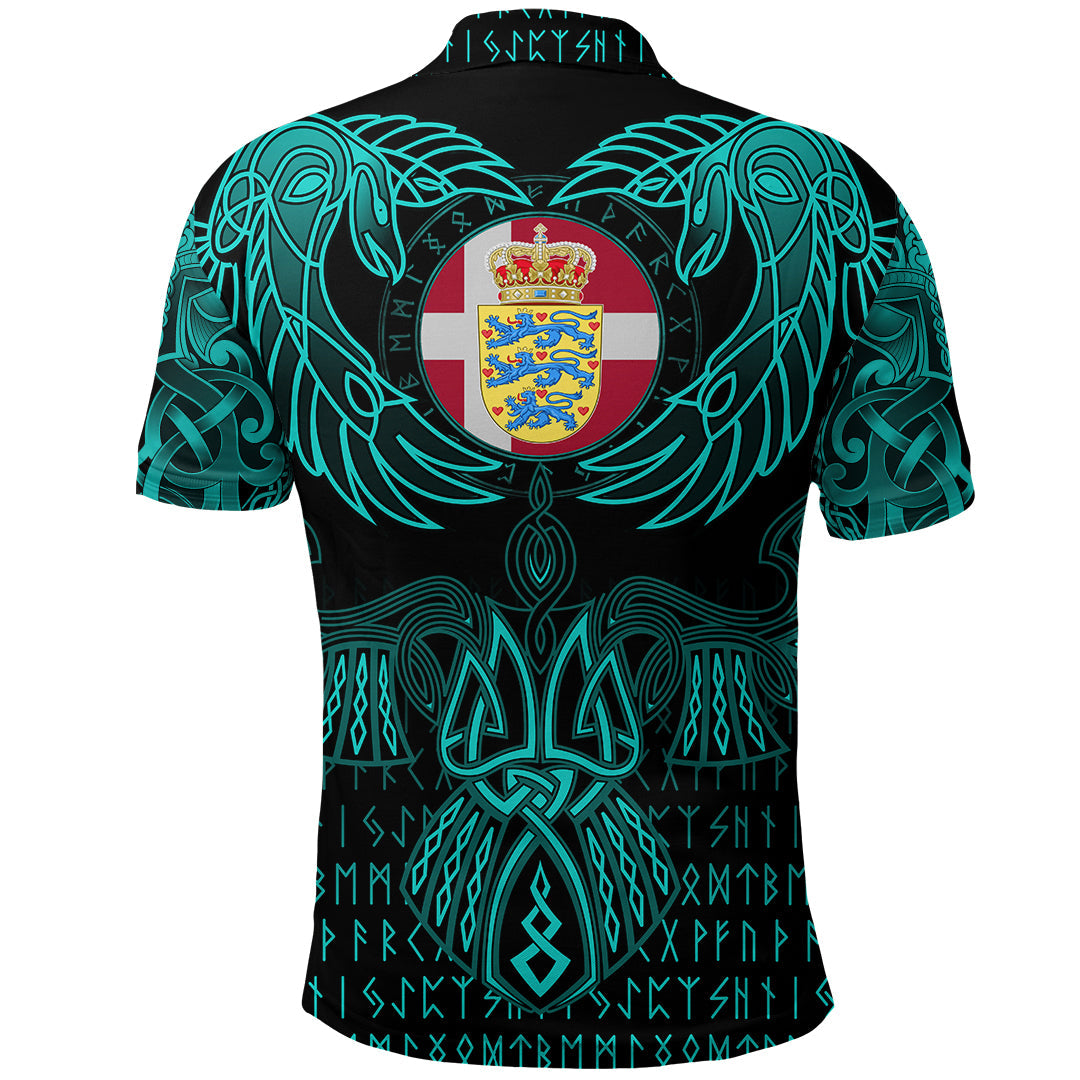 Viking Polo Shirt Denmark Valknut of Odin Cyan