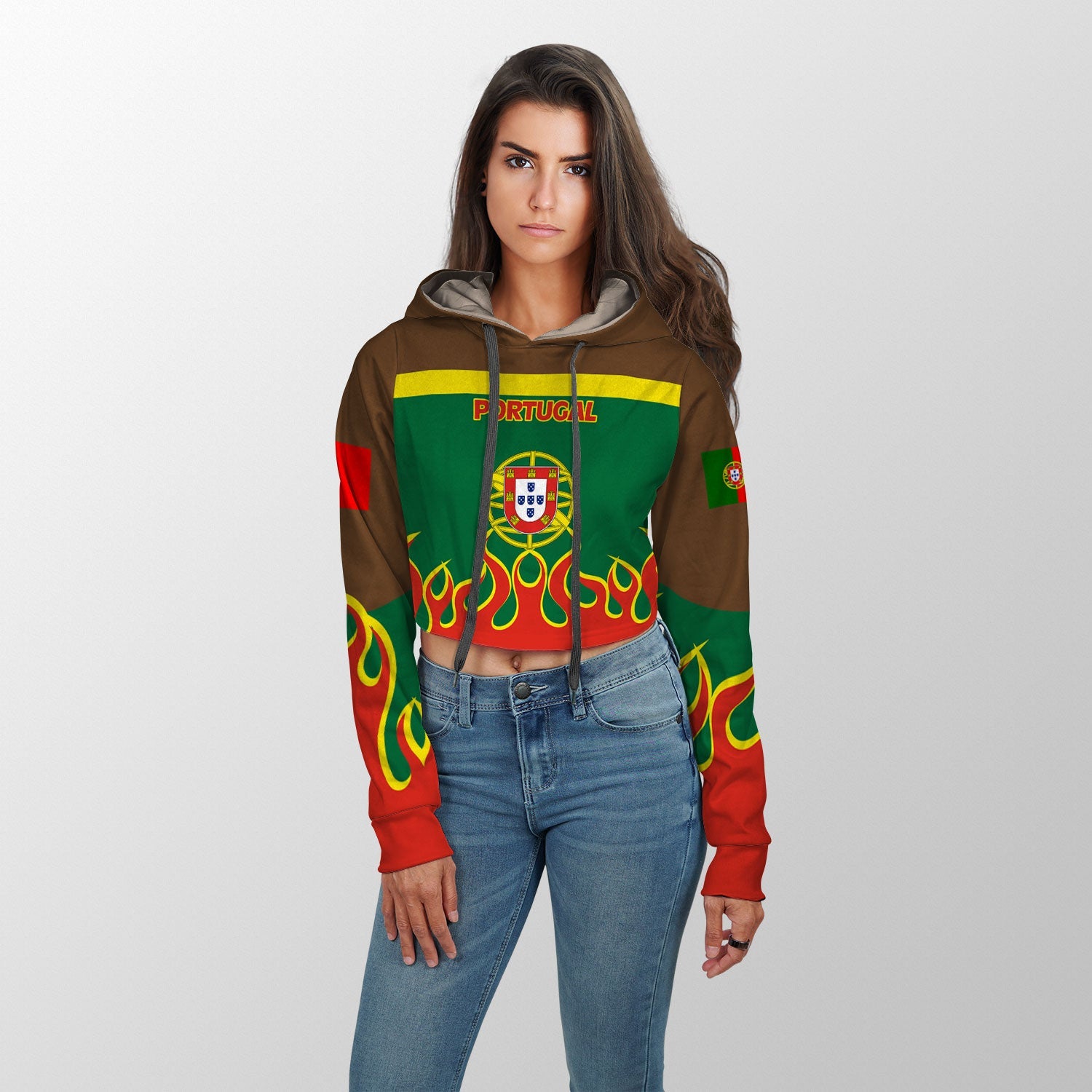 Portugal Crop Hoodie Flag & Coat Of Arms Fire Hockey Style