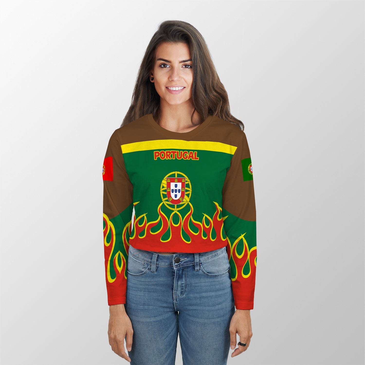 Portugal Crop Top Long TShirt Flag & Coat Of Arms Fire Hockey Style