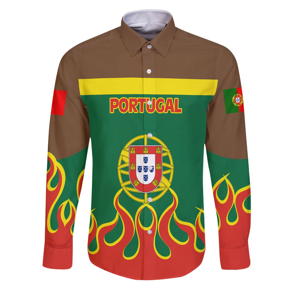 Portugal Long Sleeve Button Shirt Flag & Coat Of Arms Fire Hockey Style