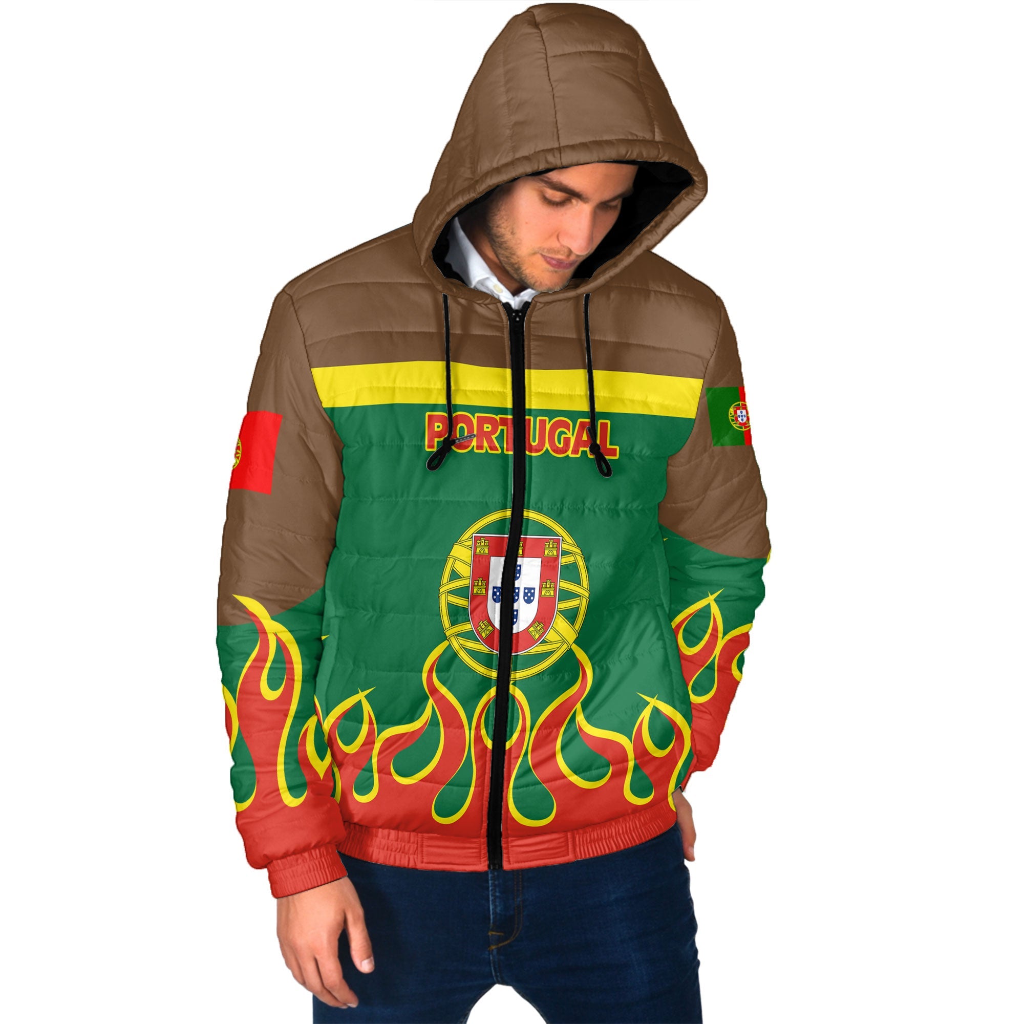 Portugal Men Hooded Padded Jacket Flag & Coat Of Arms Fire Hockey Style