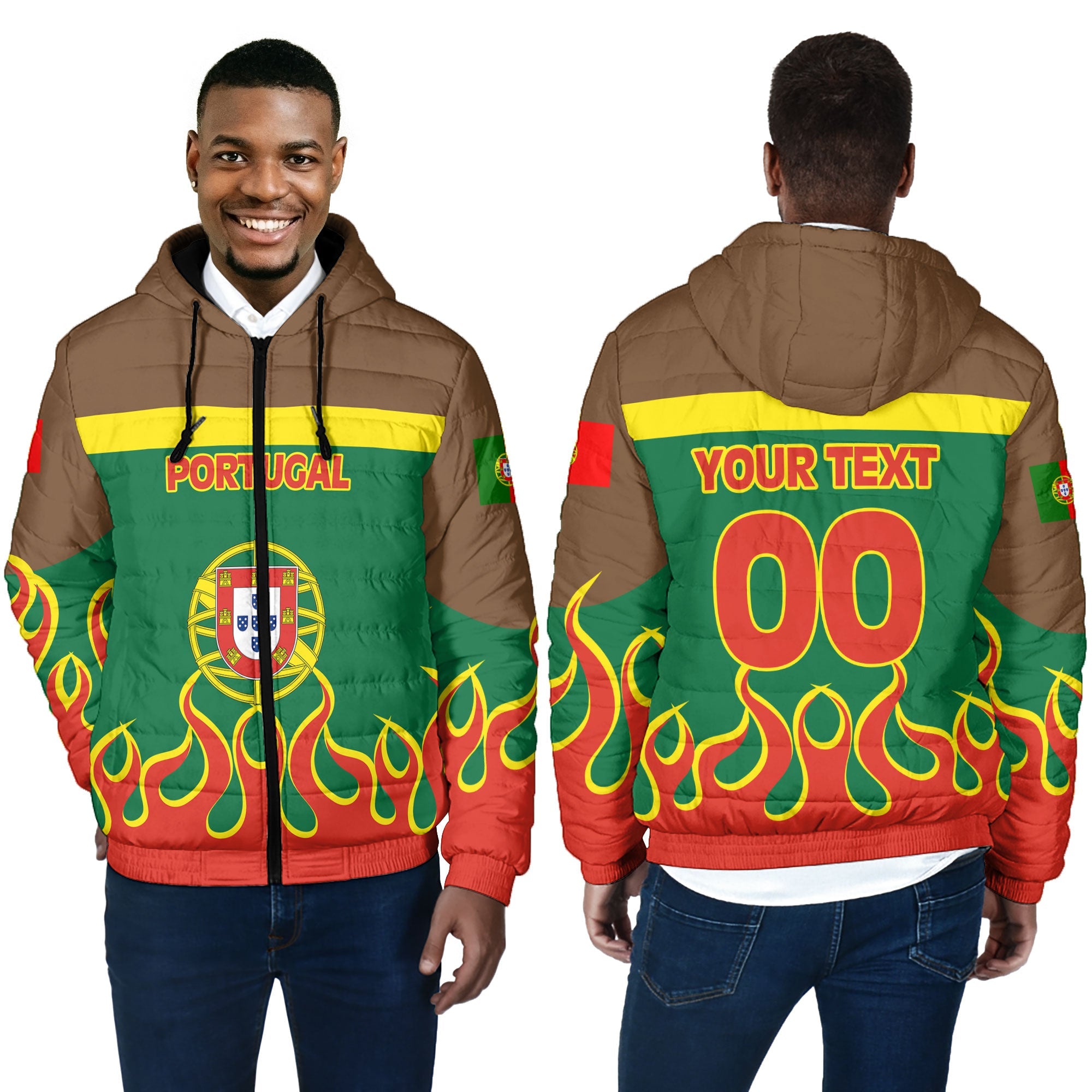 Portugal Men Hooded Padded Jacket Flag & Coat Of Arms Fire Hockey Style