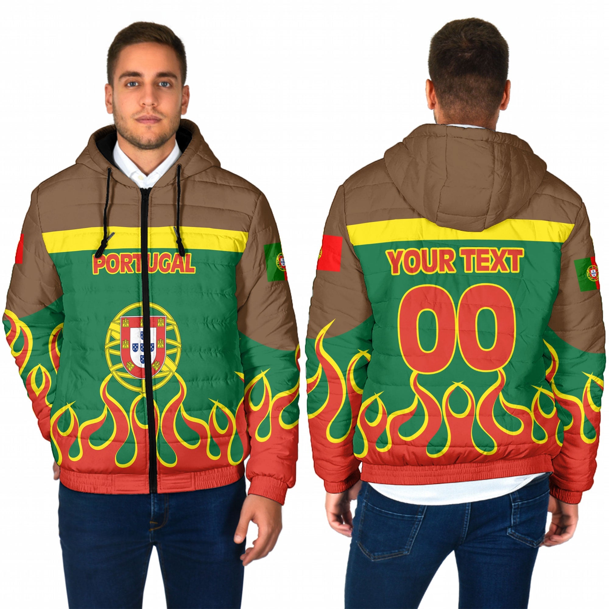 Portugal Men Hooded Padded Jacket Flag & Coat Of Arms Fire Hockey Style