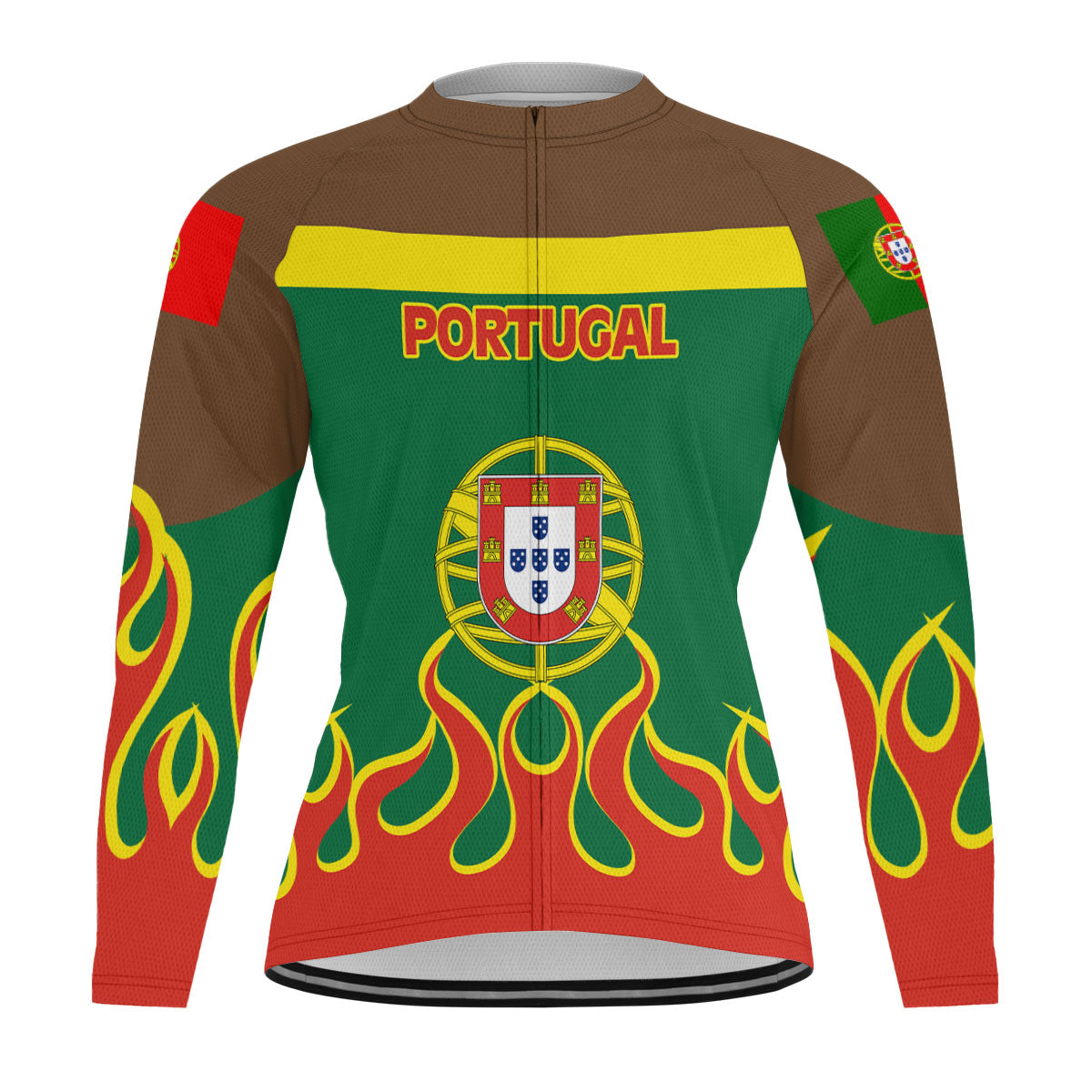 Portugal Men's Cycling Jersey Long Sleeve Flag & Coat Of Arms Fire Hockey Style