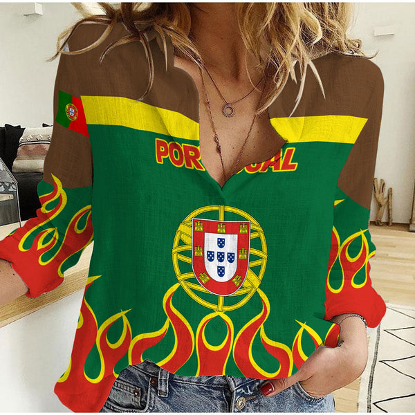 Portugal Women Casual Shirt Flag & Coat Of Arms Fire Hockey Style