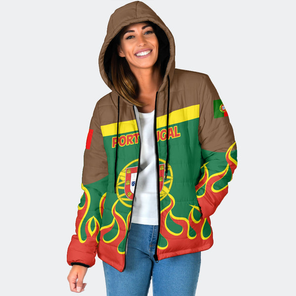 Portugal Women Hooded Padded Jacket Flag & Coat Of Arms Fire Hockey Style