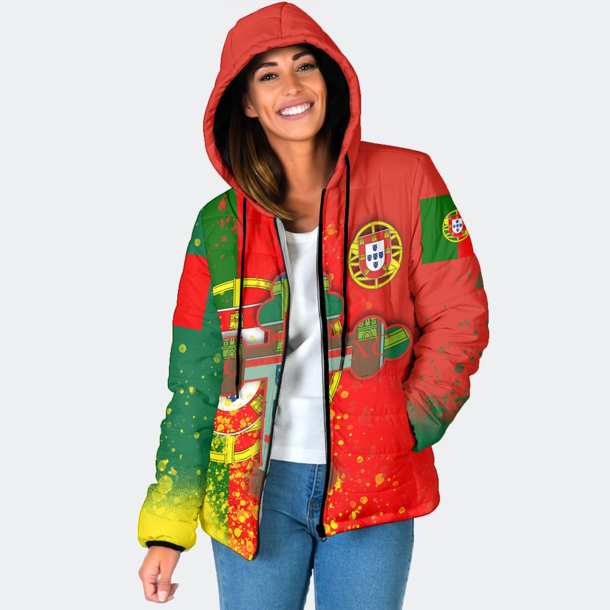 Portugal Women Hooded Padded Jacket Flag & Coat Of Arms Orthodox Style