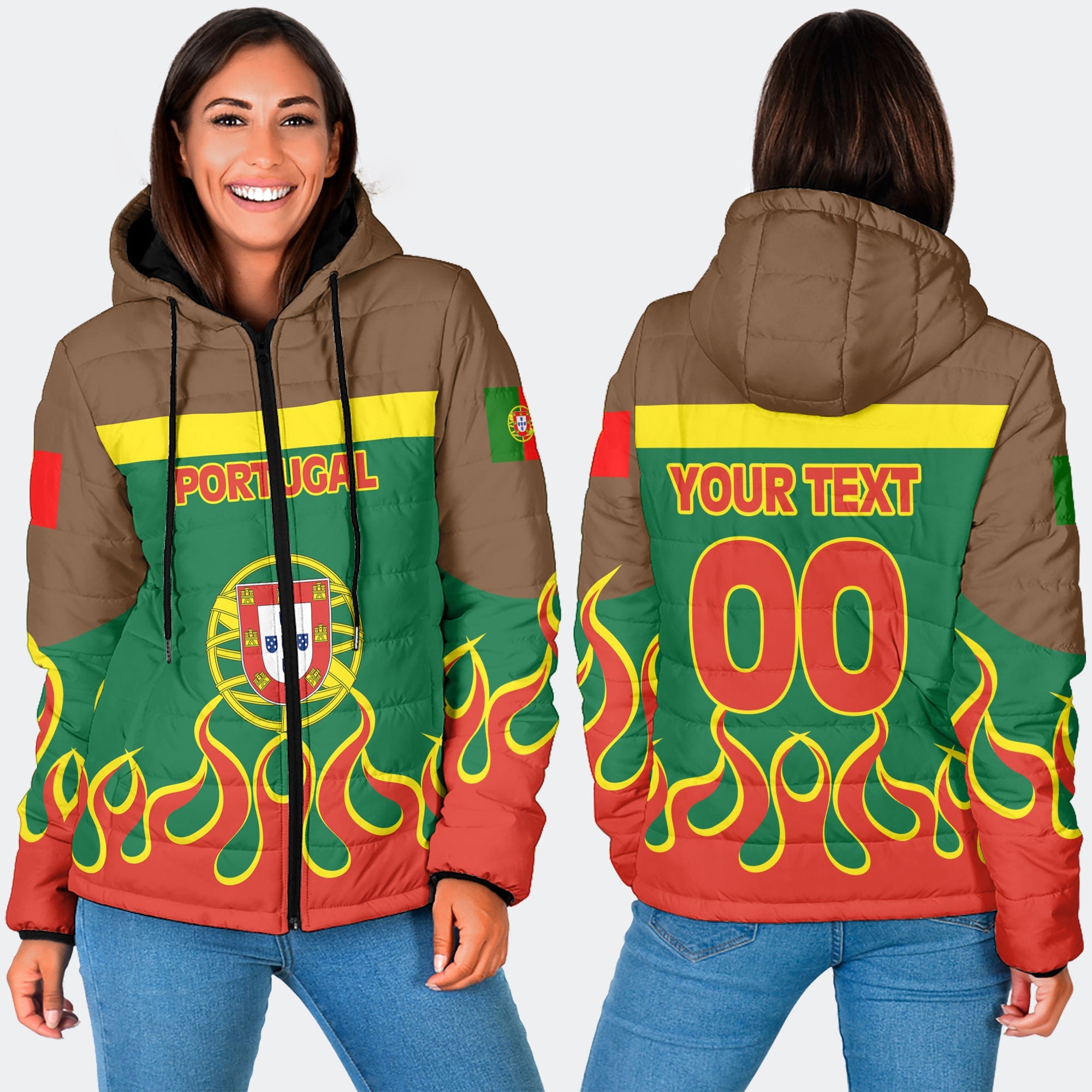 Portugal Women Hooded Padded Jacket Flag & Coat Of Arms Fire Hockey Style