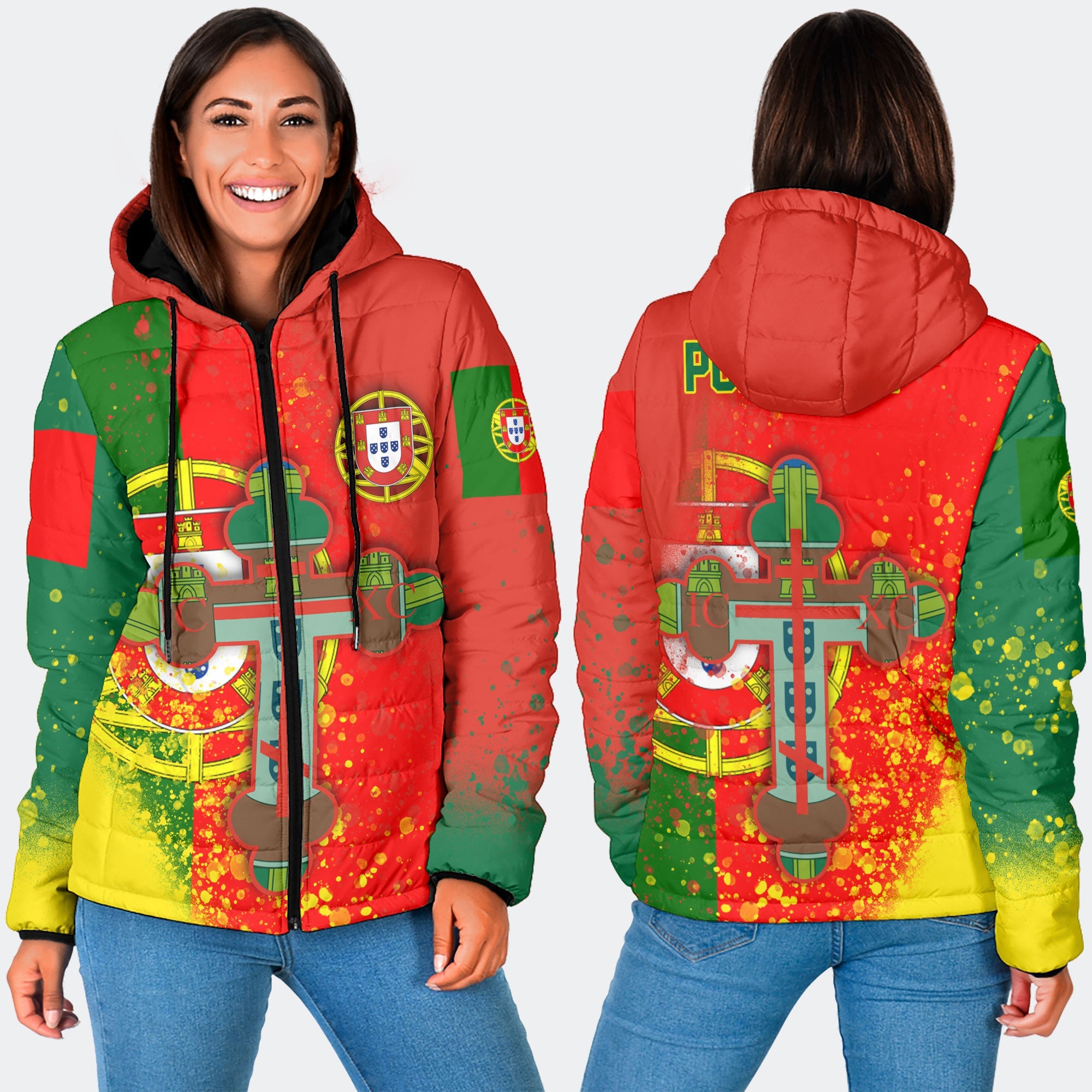 Portugal Women Hooded Padded Jacket Flag & Coat Of Arms Orthodox Style