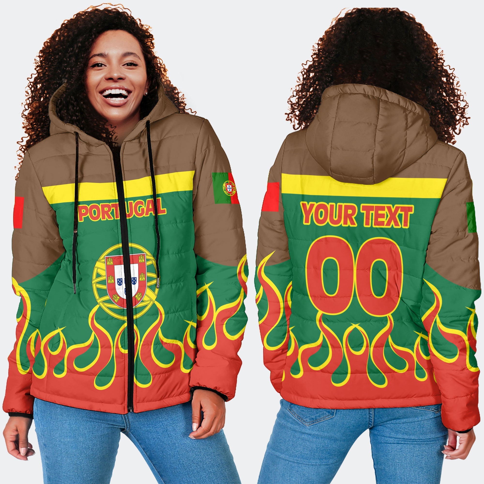 Portugal Women Hooded Padded Jacket Flag & Coat Of Arms Fire Hockey Style