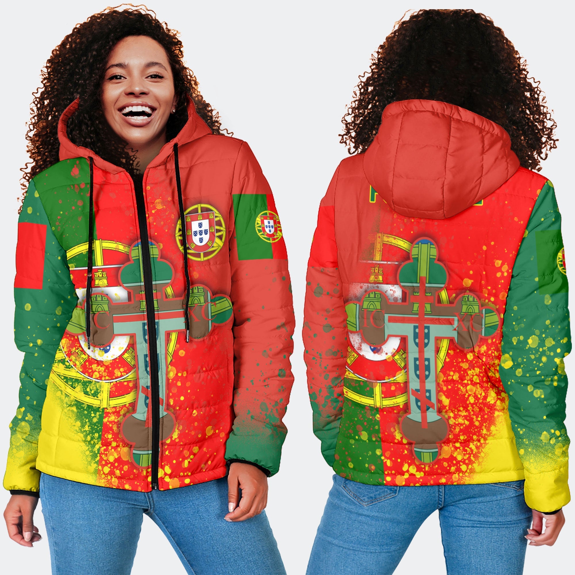 Portugal Women Hooded Padded Jacket Flag & Coat Of Arms Orthodox Style