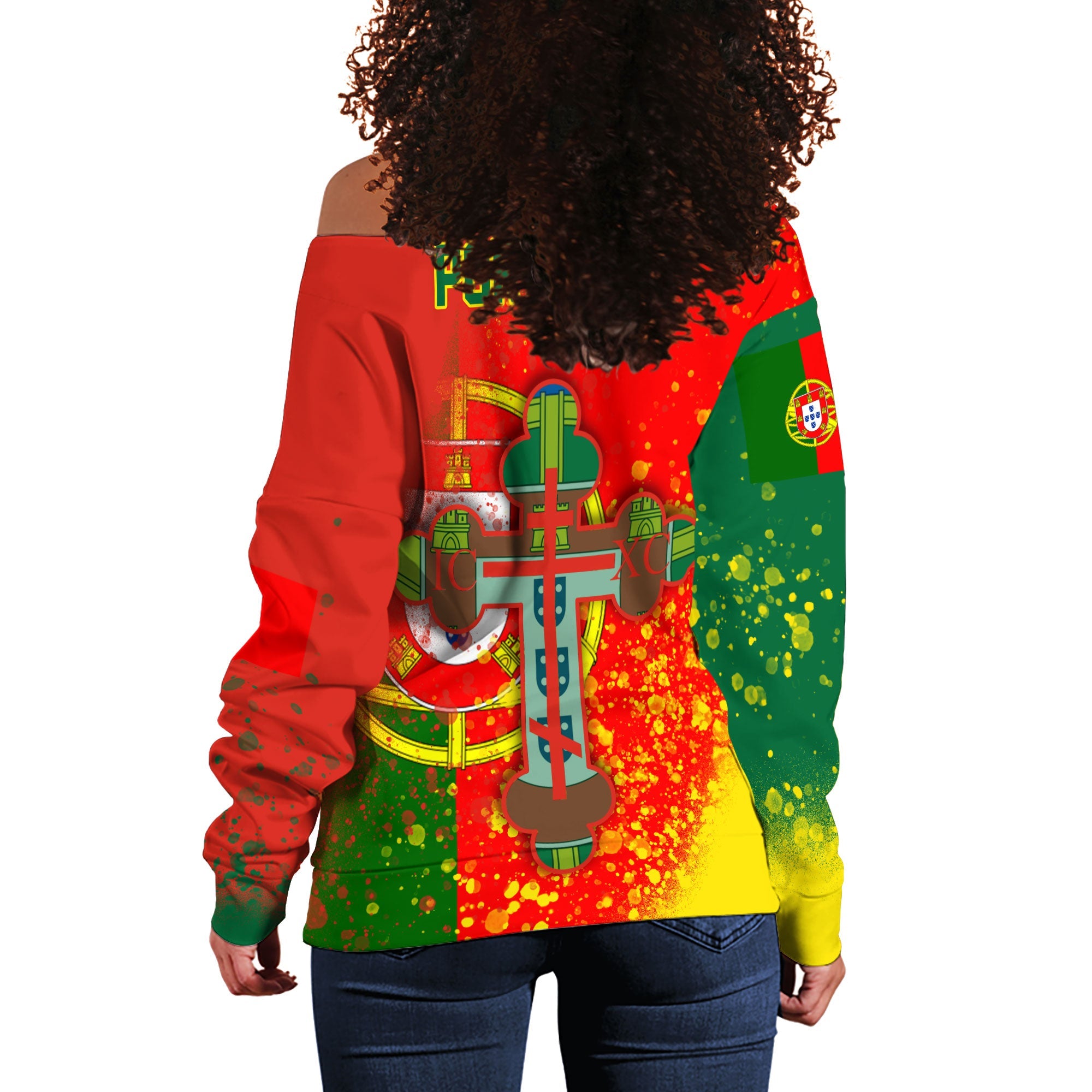 Portugal Women Off Shoulder Sweatshirt Flag & Coat Of Arms Orthodox Style