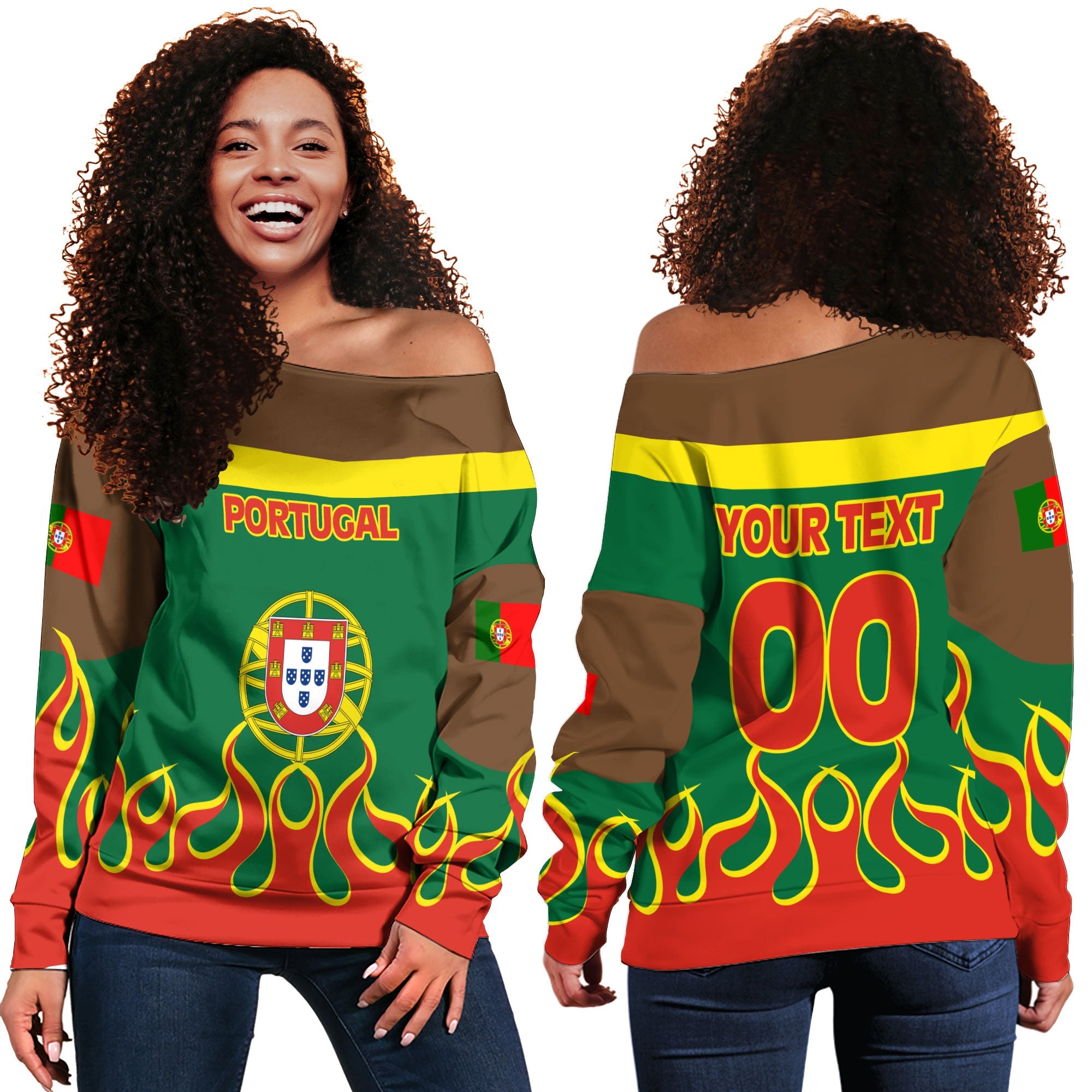 Portugal Women Off Shoulder Sweatshirt Flag & Coat Of Arms Fire Hockey Style