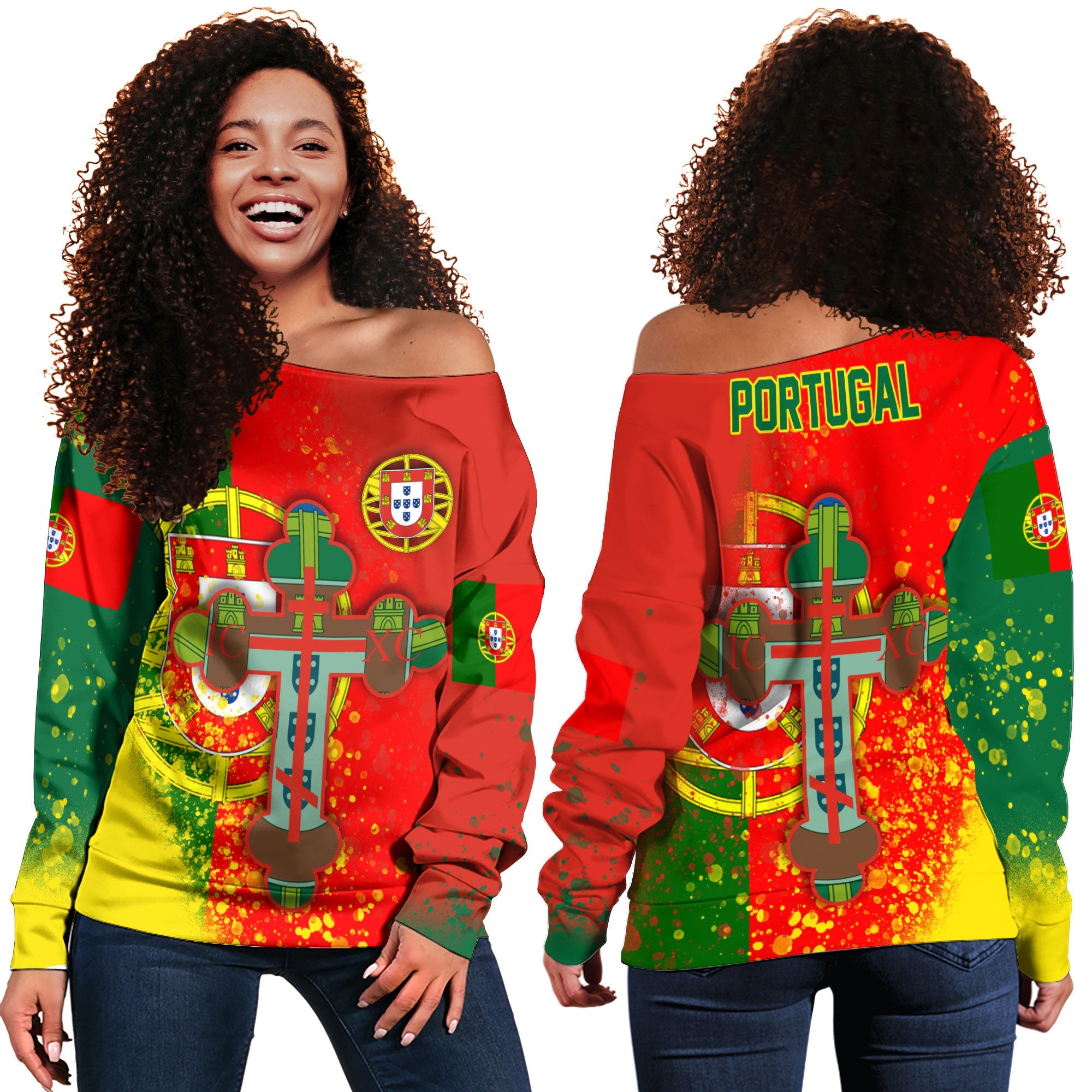 Portugal Women Off Shoulder Sweatshirt Flag & Coat Of Arms Orthodox Style