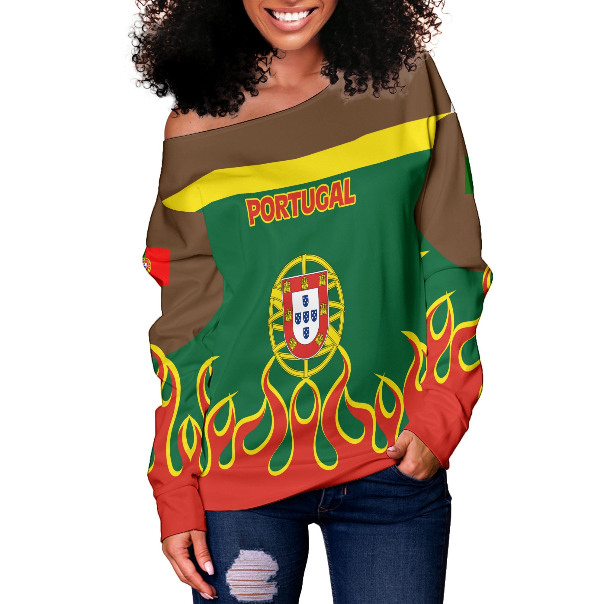 Portugal Women Off Shoulder Sweatshirt Flag & Coat Of Arms Fire Hockey Style