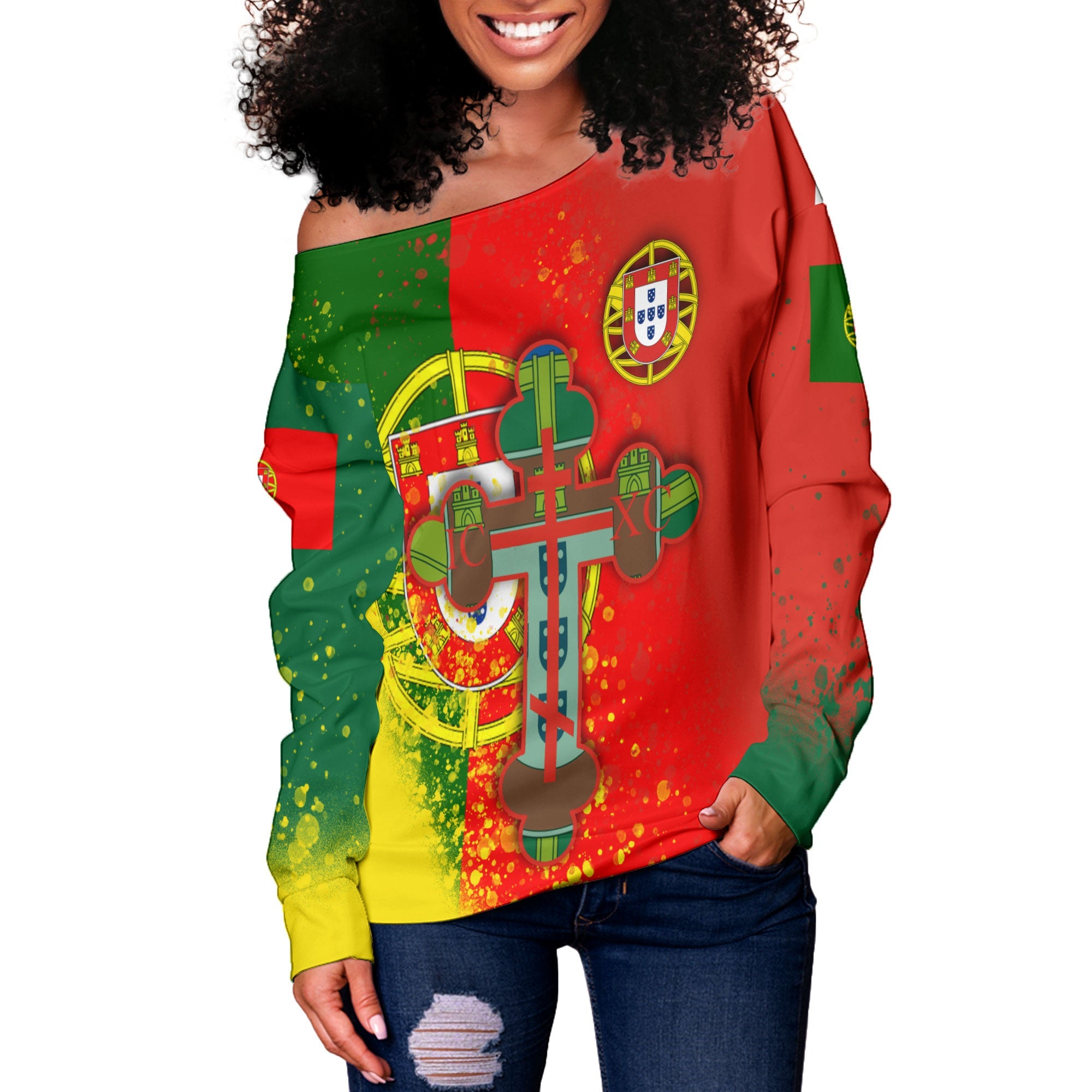 Portugal Women Off Shoulder Sweatshirt Flag & Coat Of Arms Orthodox Style