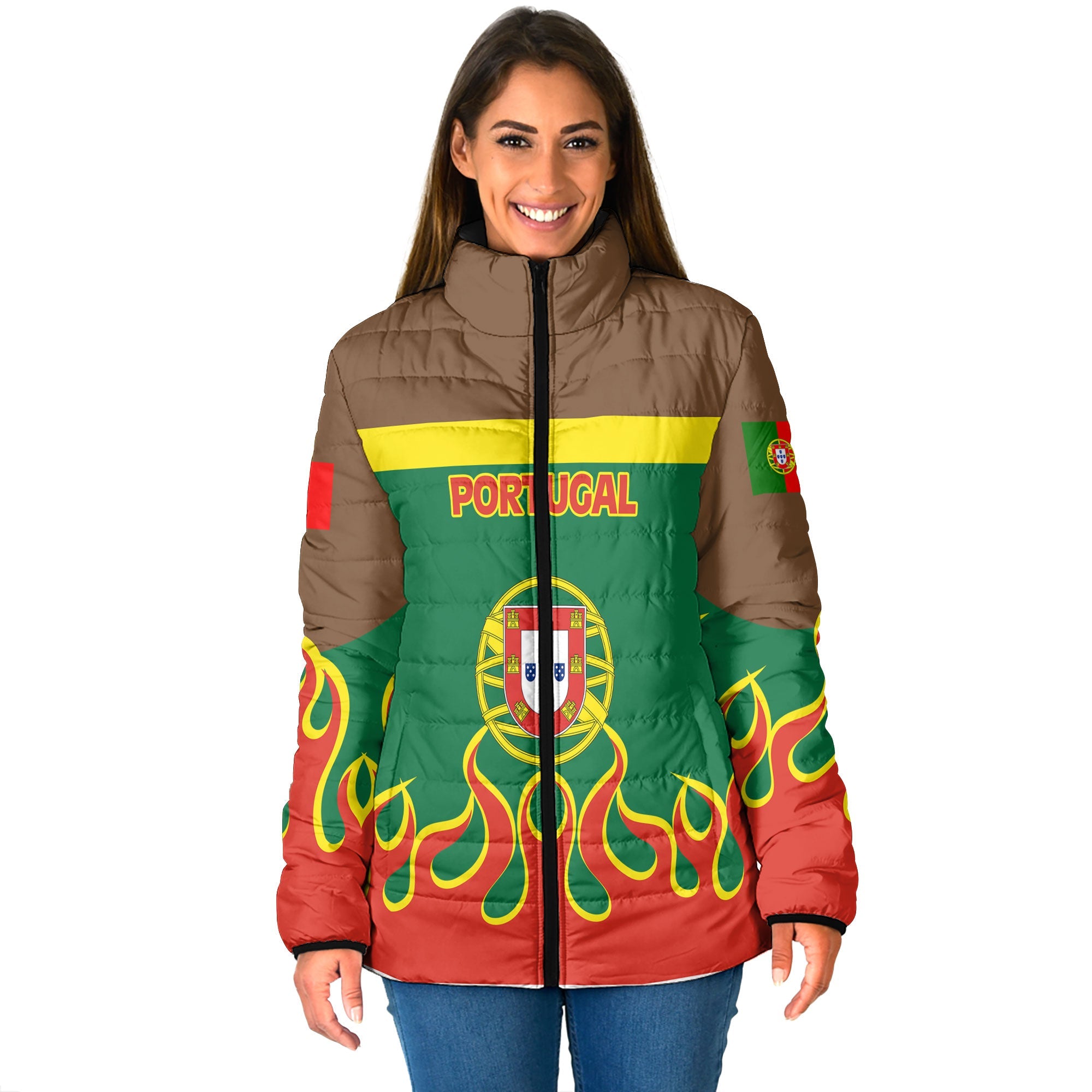 Portugal Women Padded Jacket Flag & Coat Of Arms Fire Hockey Style