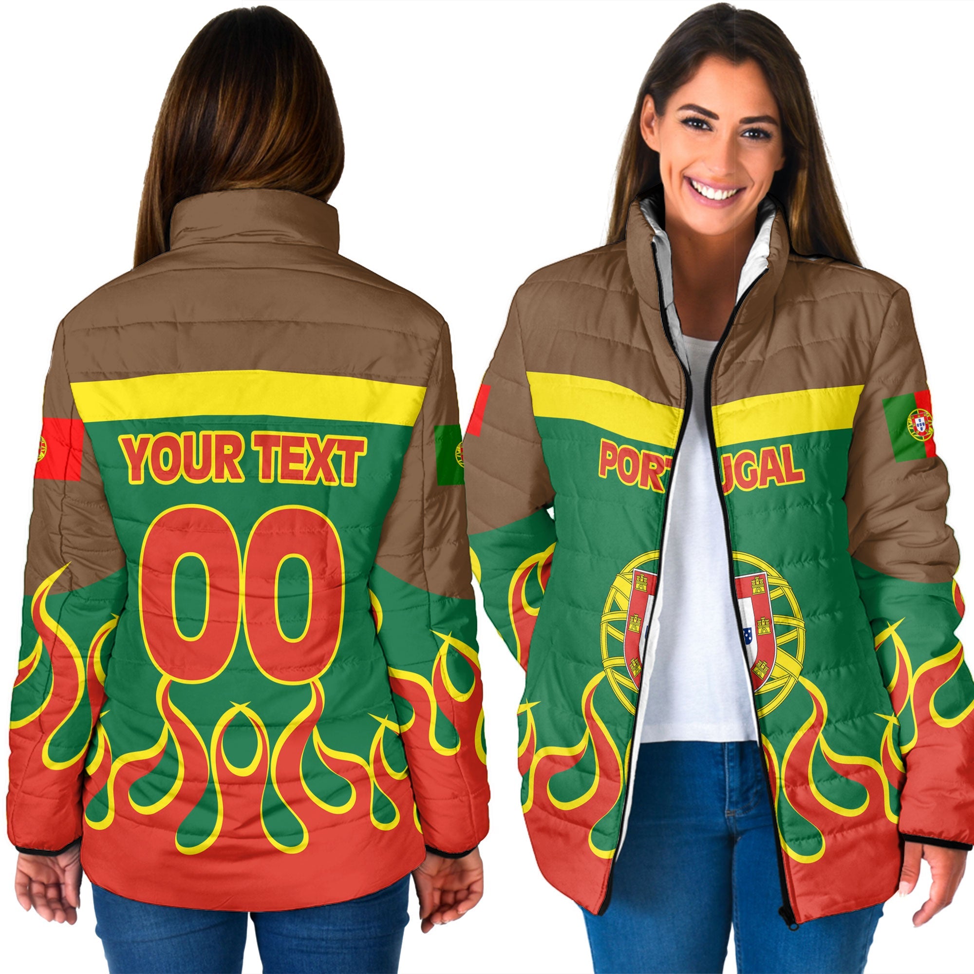 Portugal Women Padded Jacket Flag & Coat Of Arms Fire Hockey Style