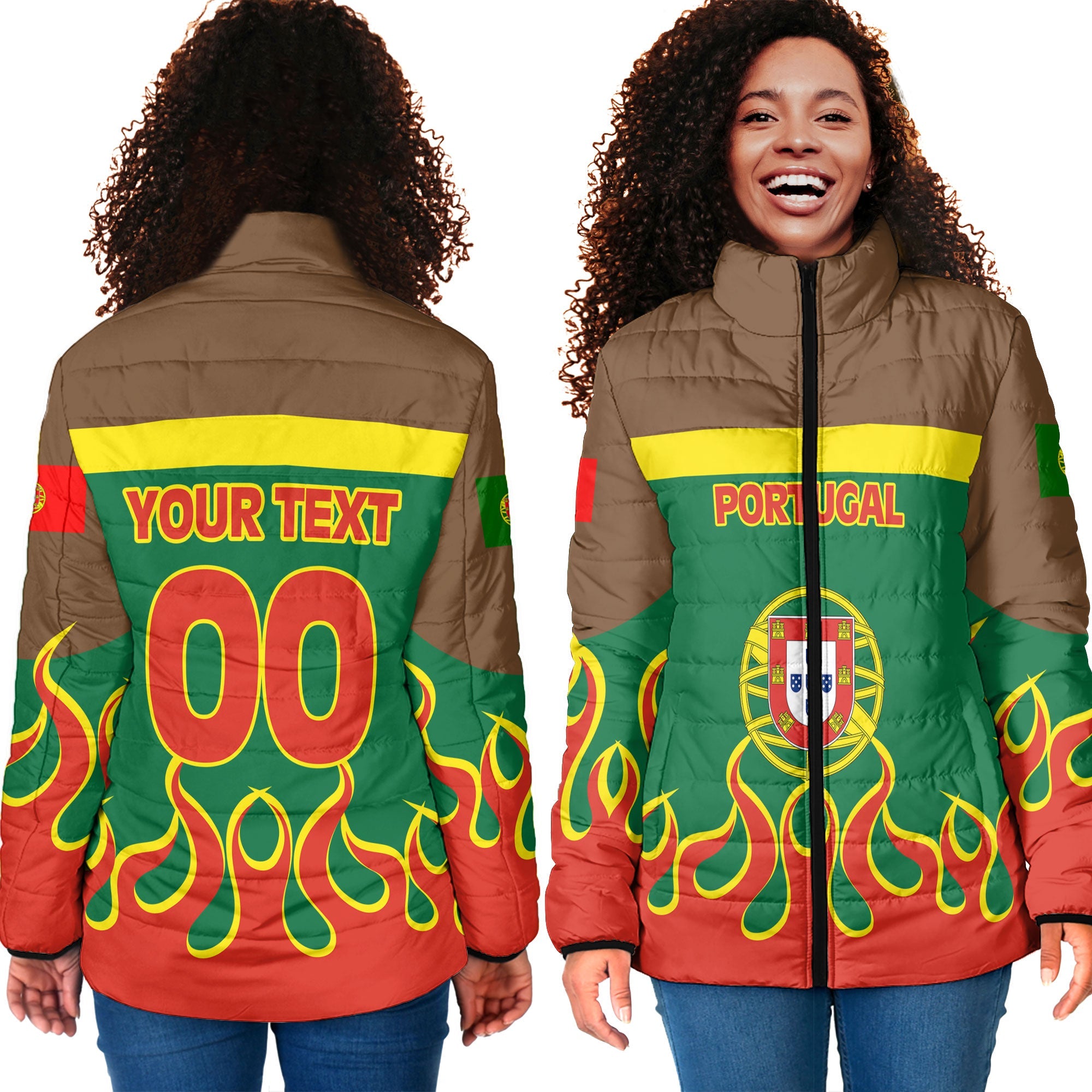 Portugal Women Padded Jacket Flag & Coat Of Arms Fire Hockey Style