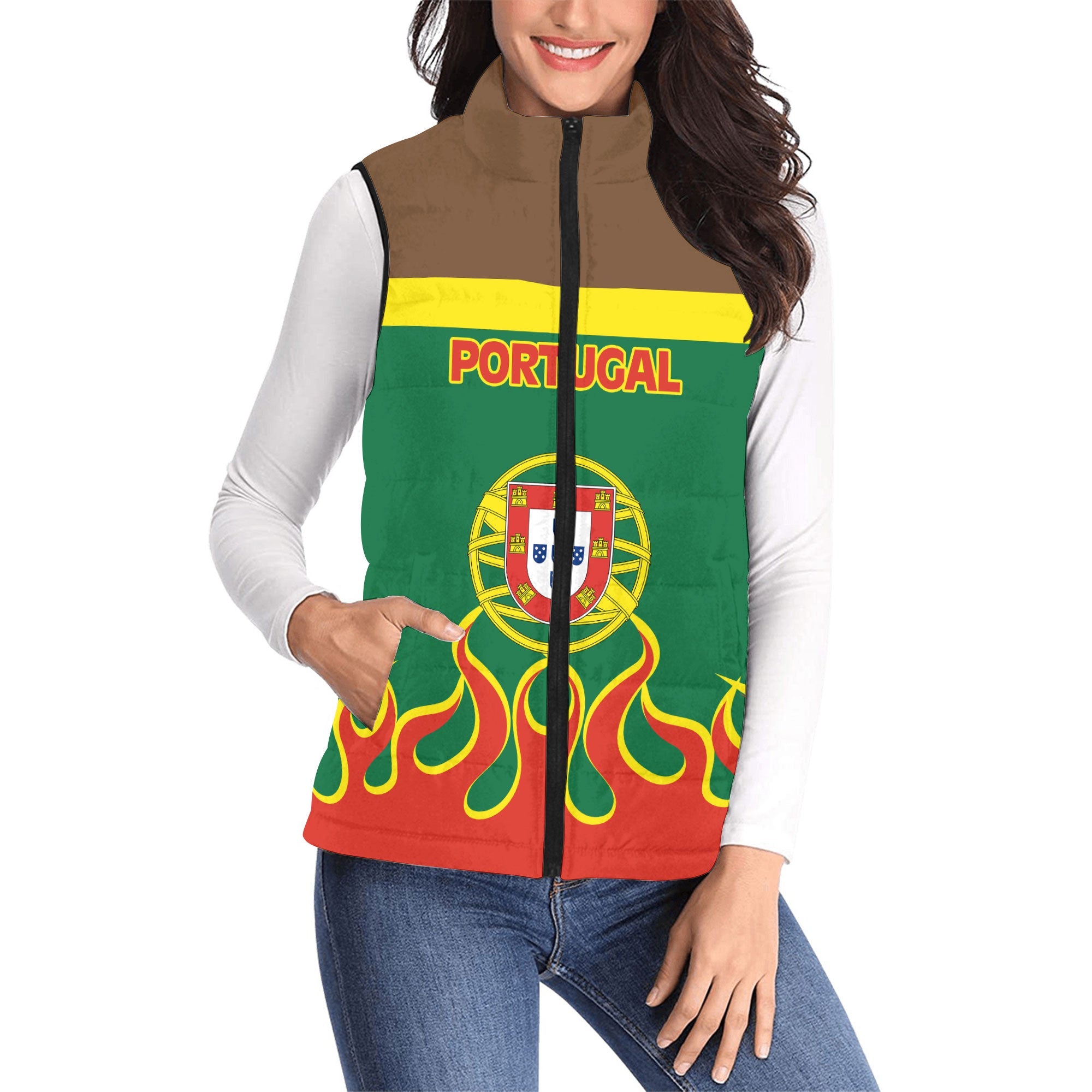 Portugal Women Padded Jacket Vest Flag & Coat Of Arms Fire Hockey Style