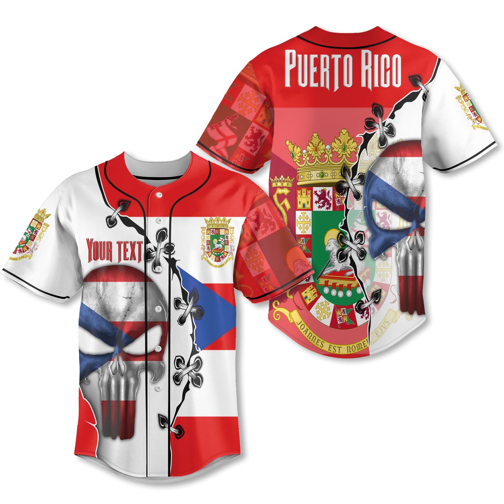 Puerto Rico Baseball Jersey Flag & Coat Of Arms Skull Style