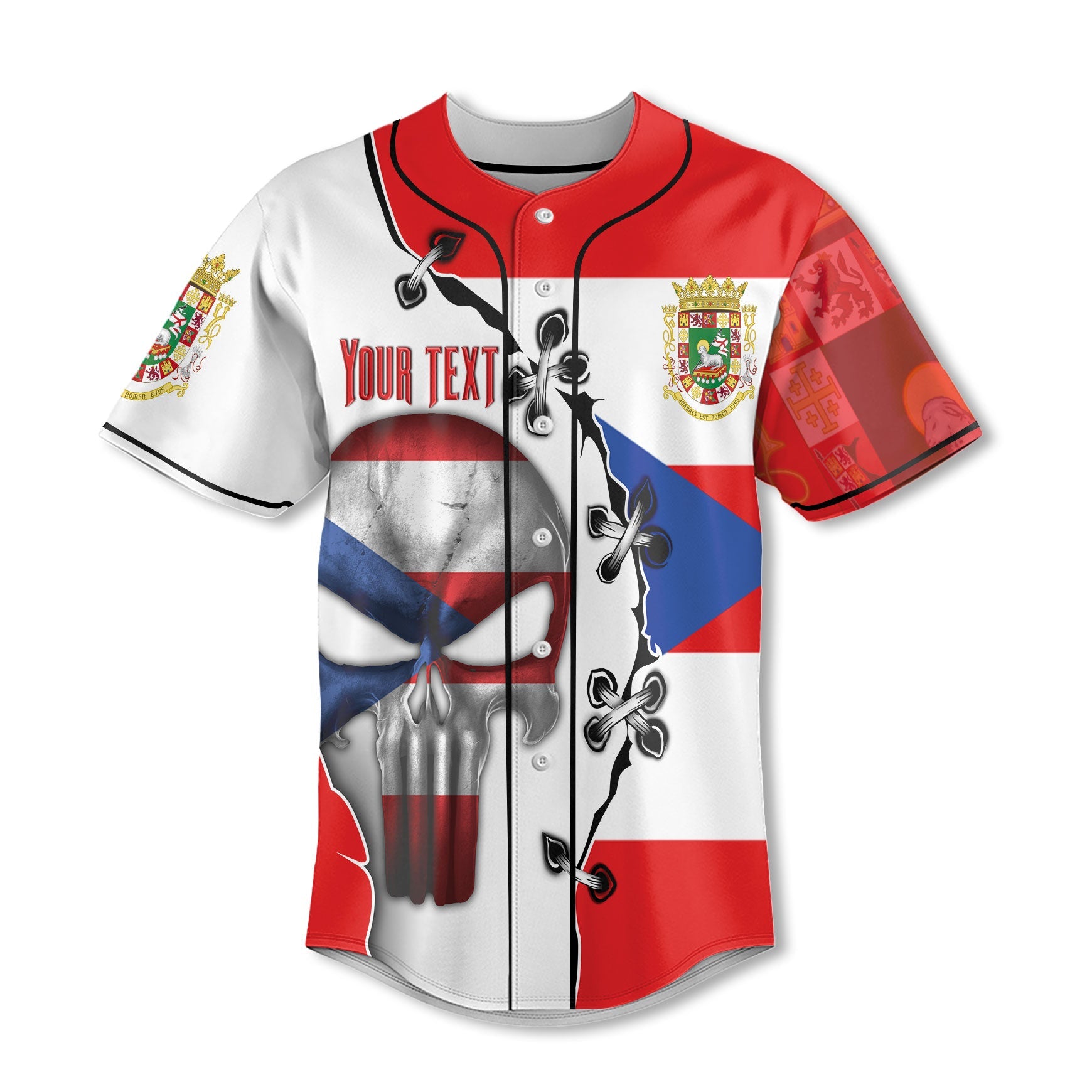 Puerto Rico Baseball Jersey Flag & Coat Of Arms Skull Style