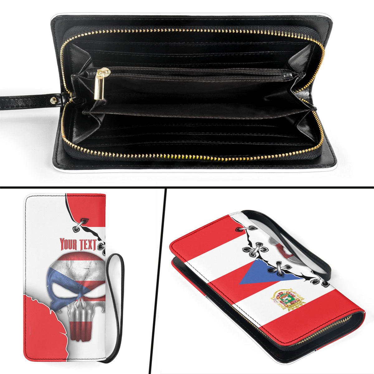 Puerto Rico Clutch Purse Flag & Coat Of Arms Skull Style