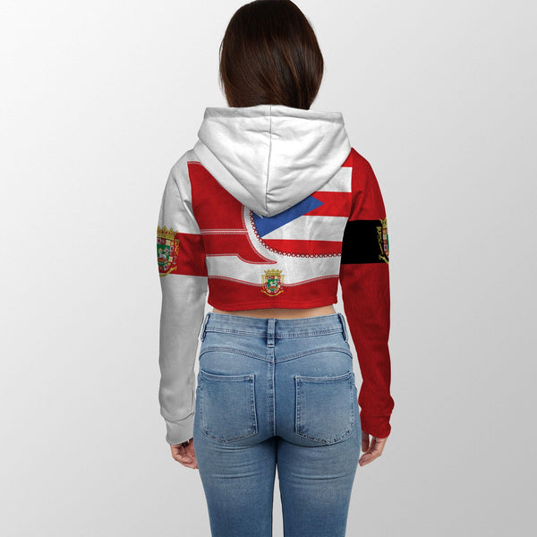 Puerto Rico Crop Hoodie Flag & Coat Of Arms Leather Style