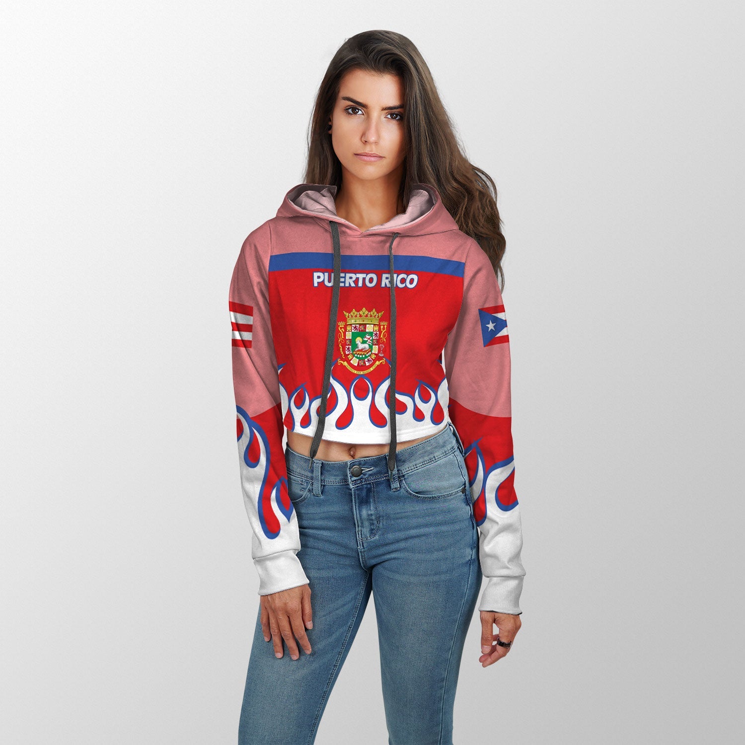 Puerto Rico Crop Hoodie Flag & Coat Of Arms Fire Hockey Style