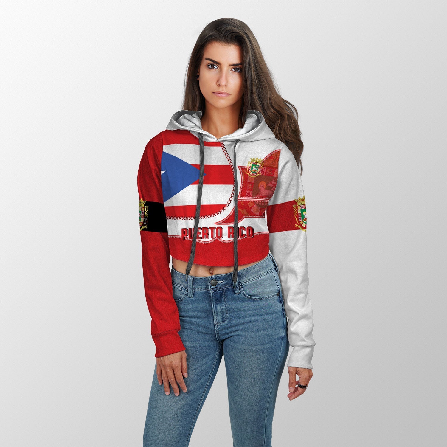 Puerto Rico Crop Hoodie Flag & Coat Of Arms Leather Style