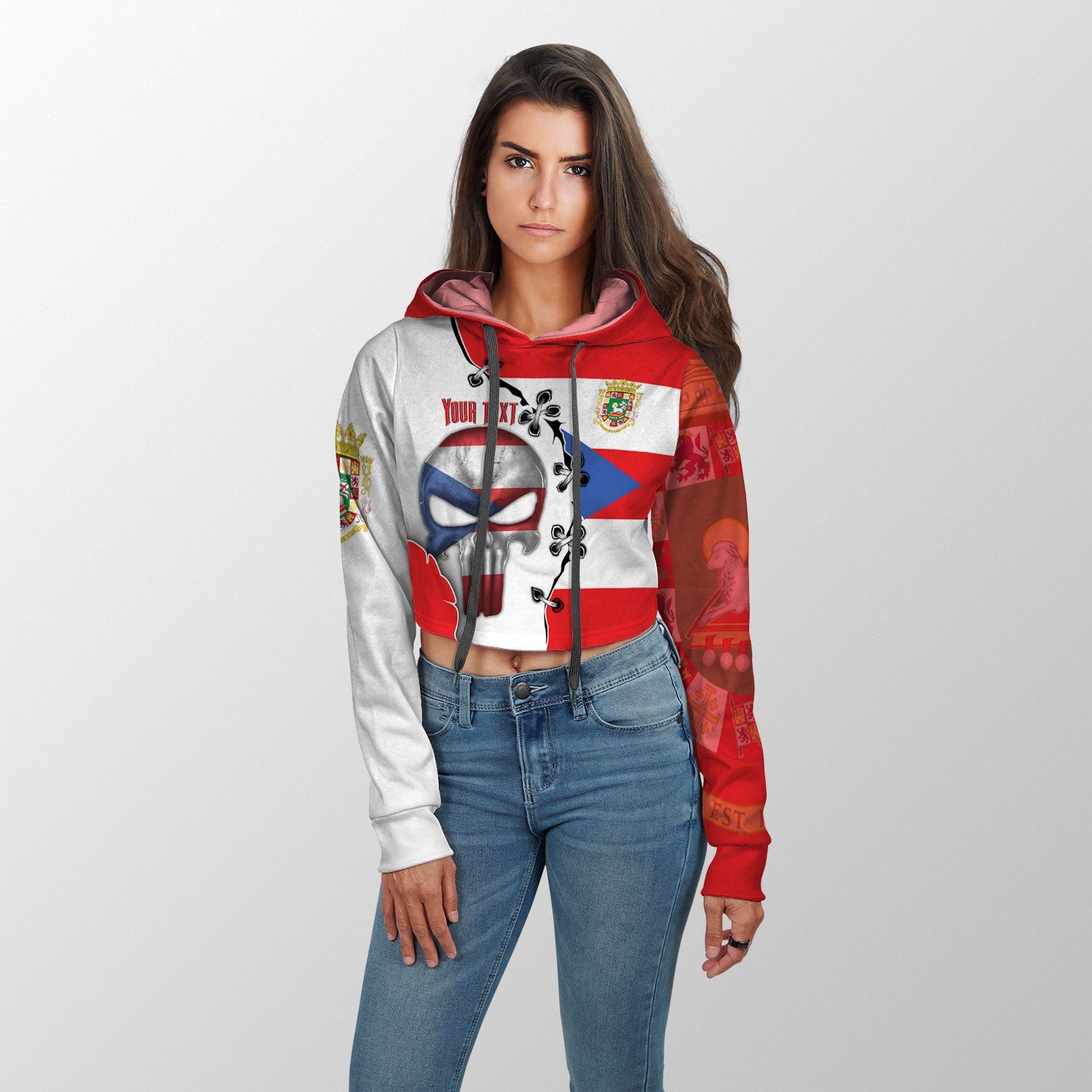 Puerto Rico Crop Hoodie Flag & Coat Of Arms Skull Style