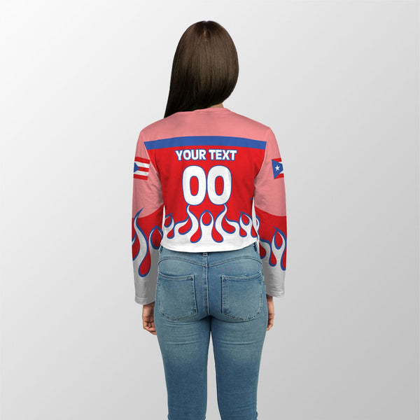 Puerto Rico Crop Top Long TShirt Flag & Coat Of Arms Fire Hockey Style