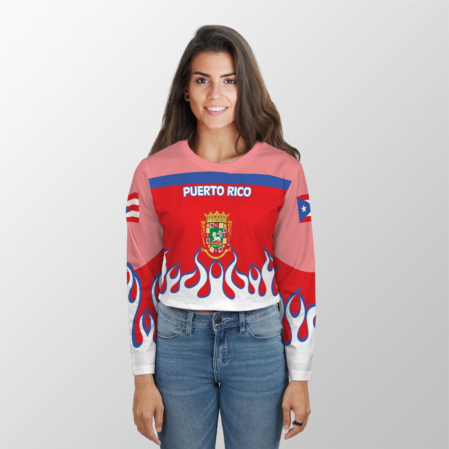 Puerto Rico Crop Top Long TShirt Flag & Coat Of Arms Fire Hockey Style