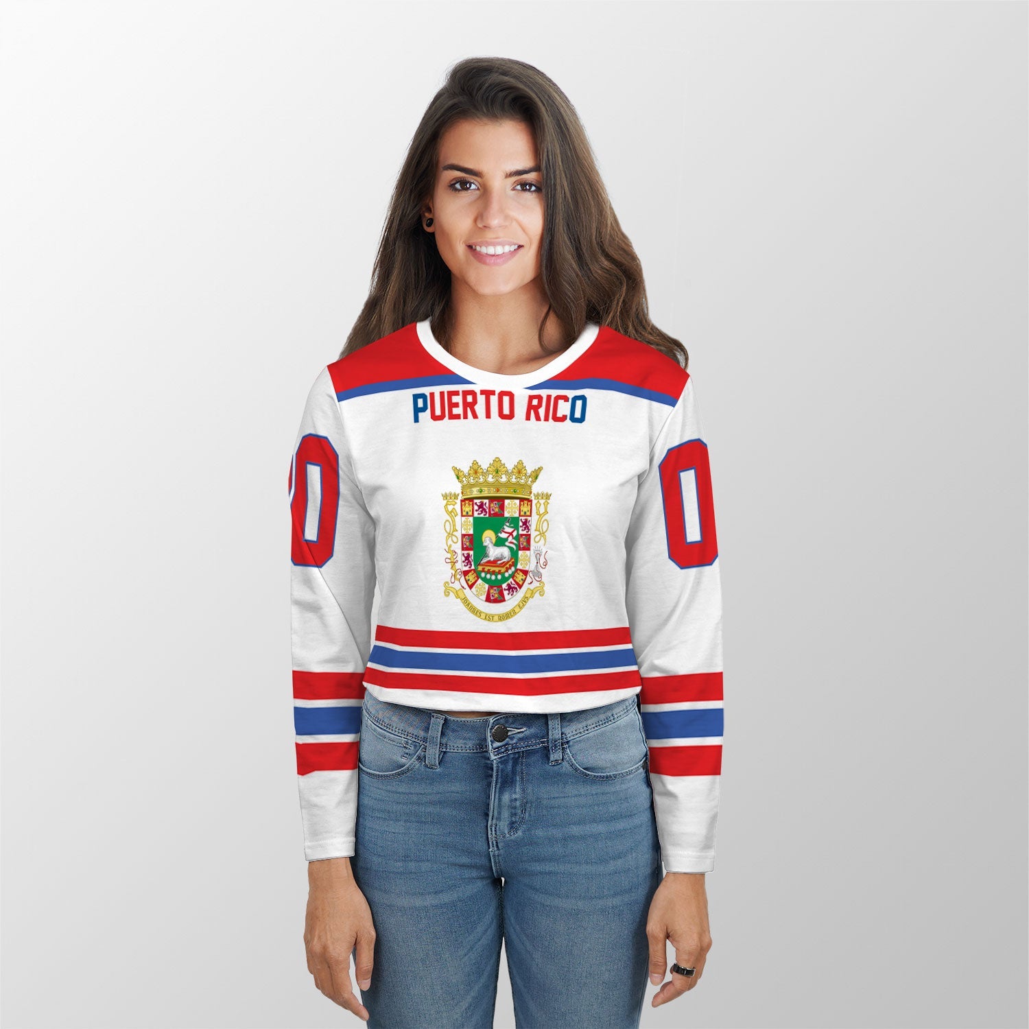 Puerto Rico Crop Top Long T Shirt Flag & Coat Of Arms Hockey Style