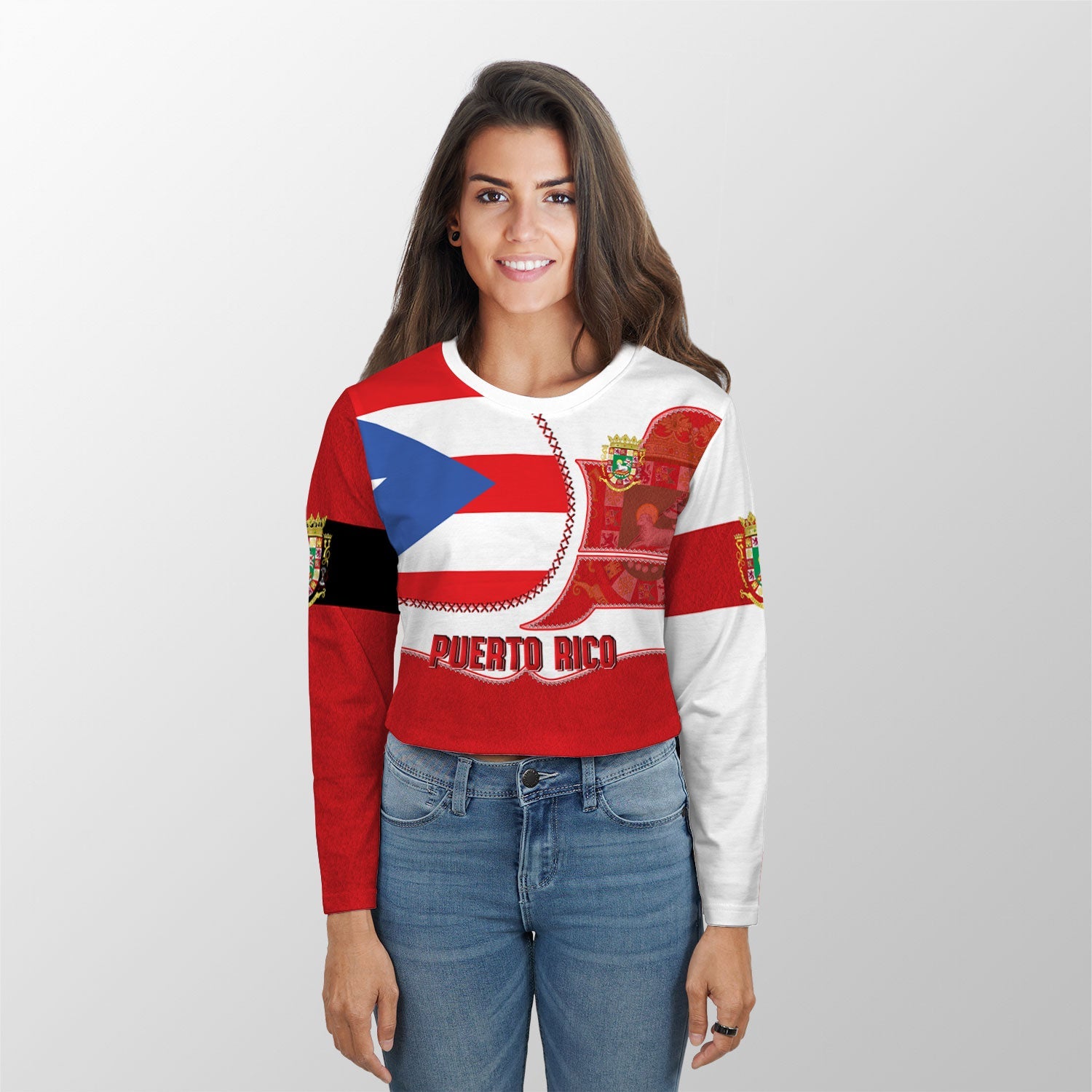 Puerto Rico Crop Top Long T Shirt Flag & Coat Of Arms Leather Style